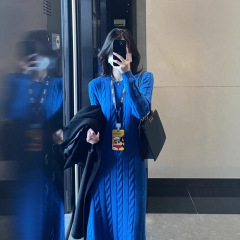 【现货】高级感超好看法式千金配大衣长裙蓝色针织毛衣内搭连衣裙