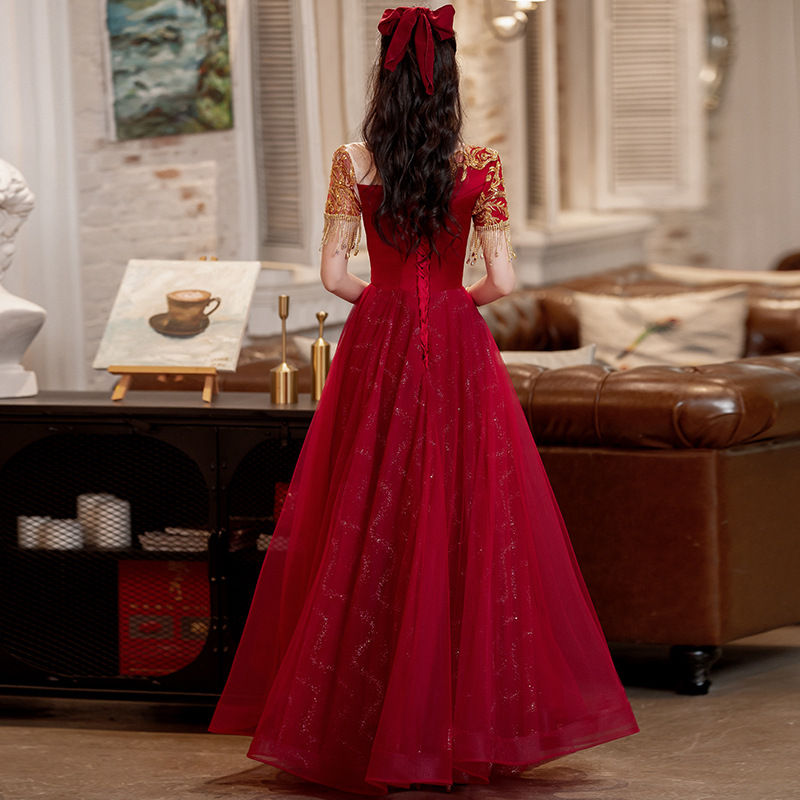 Vestido tostado de estilo chino para la novia, boda transfronteriza, ropa informal el día de la boda, vestido de compromiso de primavera burdeos, vestido de novia para mujer