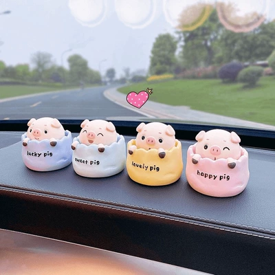 Cute and exquisite shaking head pig car ornaments cartoon doll electric car decoration in-car, console pendulum (Car ornaments) - a-set-of-4-pigs-1-each-color-glue-included