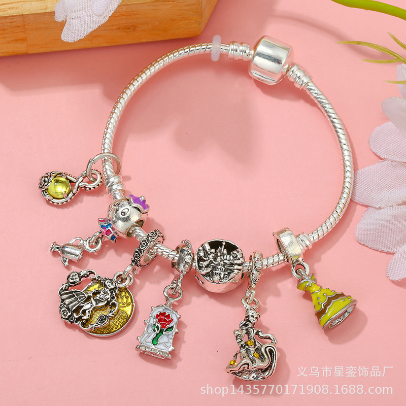 Beauty and Beast pendant and rose charm bracelet in cage female DIY alloy silver plated beaded bracelet pan
