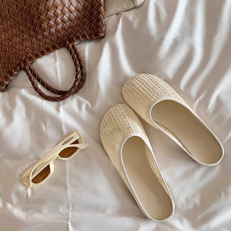 Vacaciones en Bangkok ~ Zapatillas de puntera transpirables tejidas retro para mujer, zapatillas de playa de suela blanda de verano