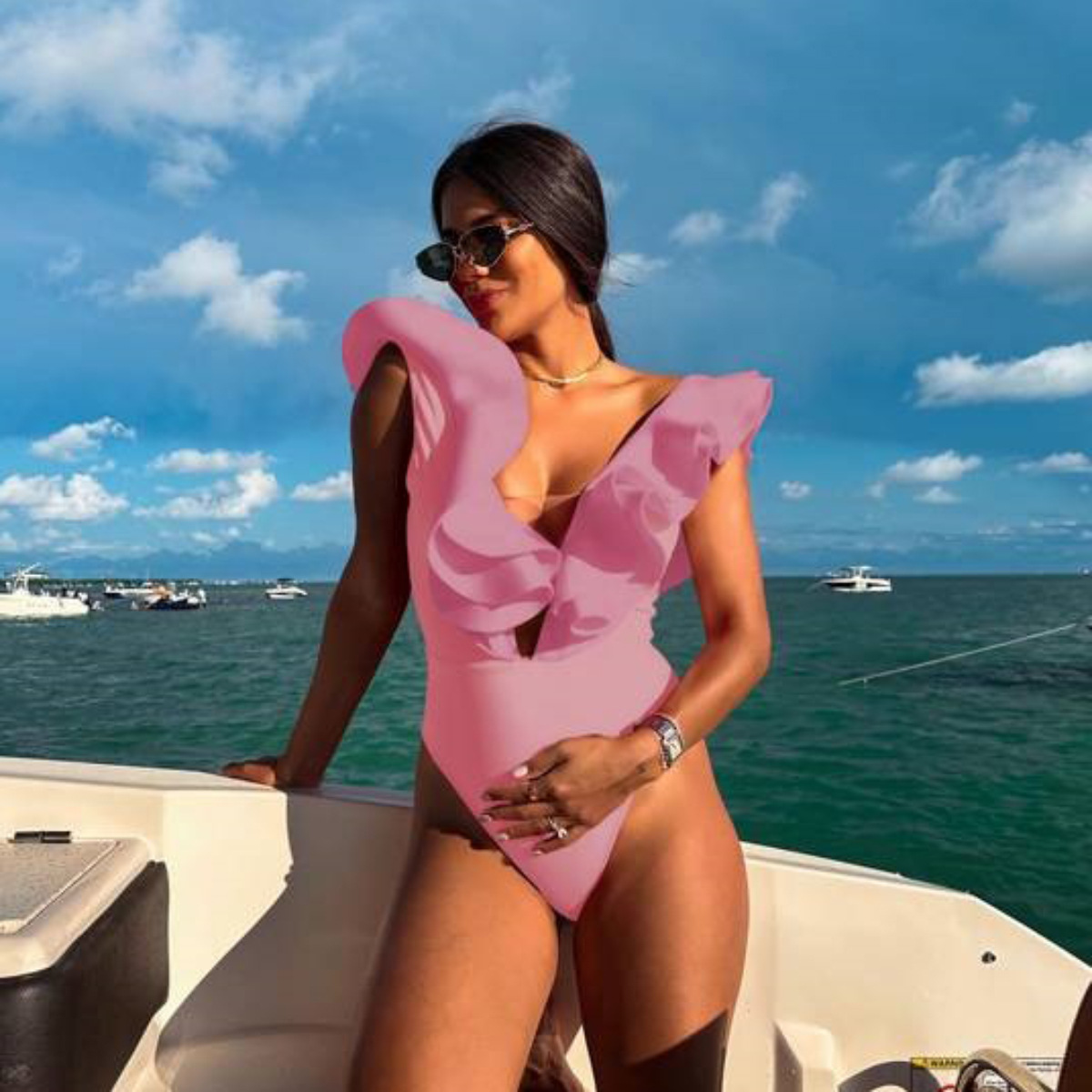 245g Weight Sleeveless Sleeve Length Polyester Fabric Type Regular Top Length One-pieces Tops Type 1 Piece Quantity Swimming Occasion V Neck Neckline Slim Fit Type Solid Color Pattern Women's Gender Elegant Style Women's Elegant Lady Solid Color 1 Piece One Piece Swimwear 3