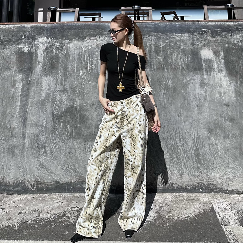 American Style Retro White Leopard Print Pants Women's Loose Slimming Straight Leopard Pants Jeans Long Pants White Leopard Print Pants