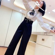 春季时尚女装新款潮衬衫女早春高腰直筒阔腿裤吊带裤两件套