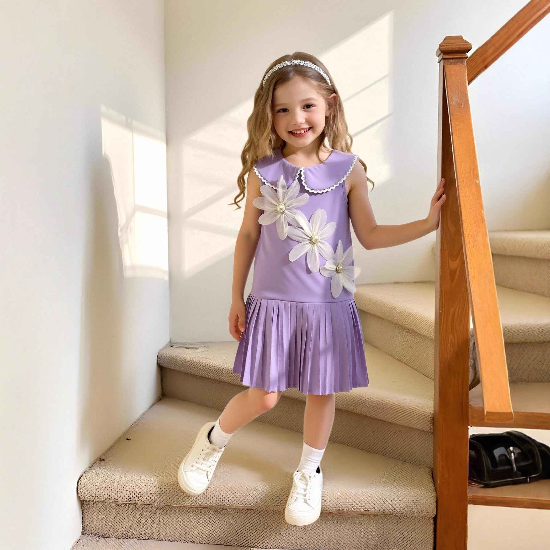 Cross-Border Girls Fashionable Pleated Skirt College Style Summer New Flower Princess Skirt Sweet and Stylish Casual Dress