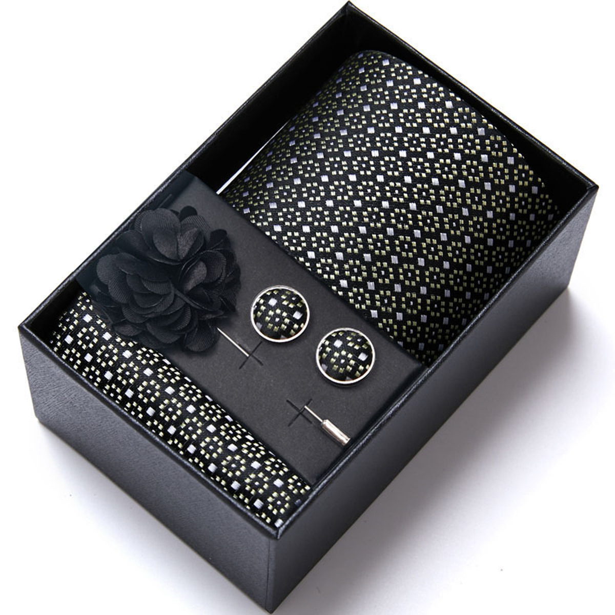 男性の新しい青いストライプのプリントネクタイのスカーフのカフスの胸の花のギフトボックスの包装の贈り物の佳品は祝日に適します。