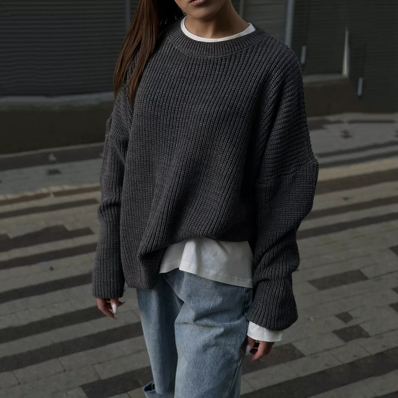 Cross-border Solid Color Crewneck Sweater 2024 European and American Spring and Autumn Loose Knitted Shirt Ins Amazon Pullover Sweater for Women Cross-border Solid Color Crewneck Sweater 2024 European and American Spring and Autumn Loose Knitted Shirt Ins Amazon Pullover Sweater for Women