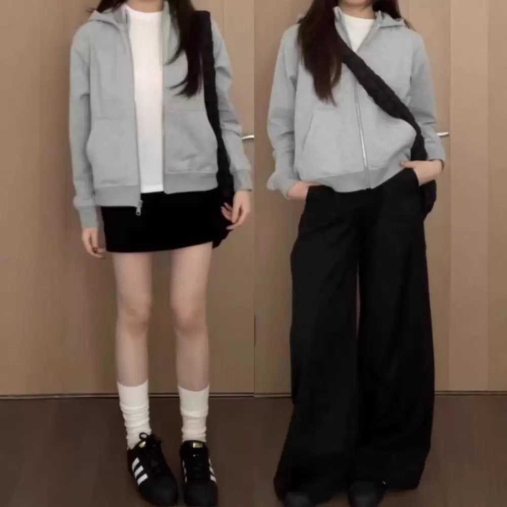 灰色短款卫衣外套女春秋2025早秋新款小个子美式正肩连帽拉链开衫