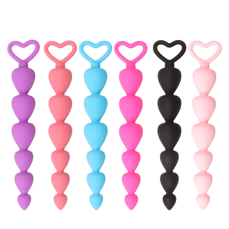 Silicone Heart-Shaped Anal Beads Plug, Berry Colour, Manual Non-Vibrating Design — detail image 11