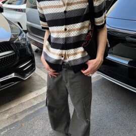 夏季镂空条纹针织短袖衬衫男女款开衫复古翻领撞色半袖polo衫上衣