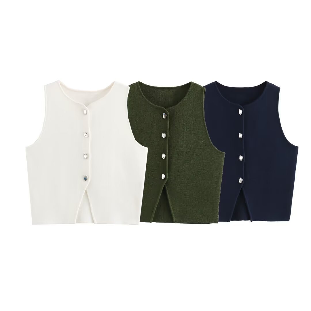 Damenbekleidung Herbst 2024 neue Street Fashion einfarbige Weste mit vier Knöpfen_voghion.com