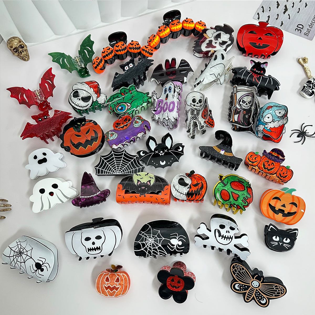 跨境热销万圣节头饰蝙蝠抓夹幽灵骷髅头鲨鱼夹亚克力发夹发饰批发