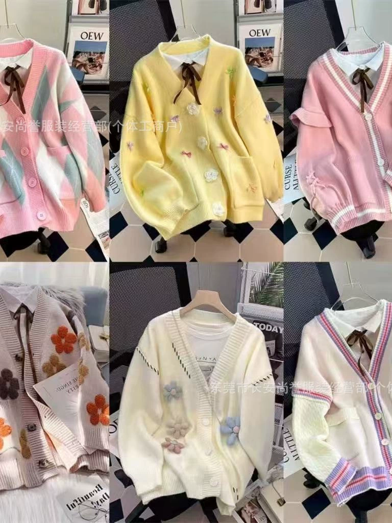 Джемпер вязаный кардиган для девочек, милый вышивкой лентами, one size, осенний легкий свитер