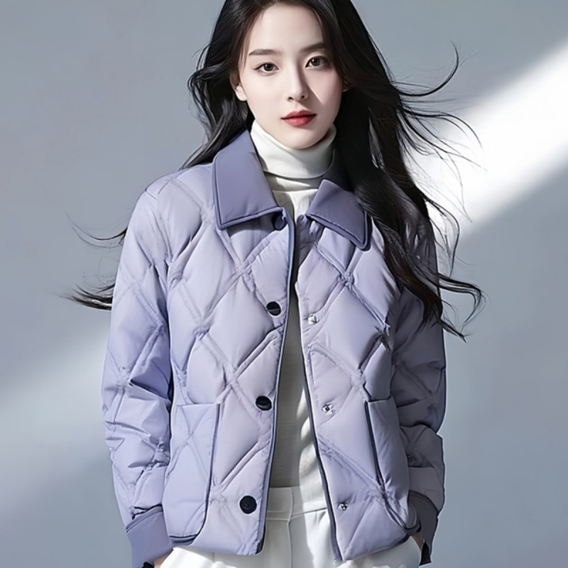 紫色翻领超好看菱格短款外套棉服女年新款冬季洋气小棉袄外套|undefined