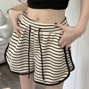 Casual Sports Shorts for Women Summer 2025 New Korean Style Elastic High Waist Slim Striped Wide Leg Outer Wear Hot Pants Trendy