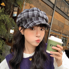格纹八角画家帽子女秋冬文艺复古显脸小云朵帽时尚百搭鸭舌贝雷帽