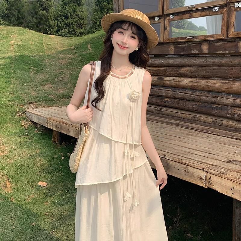 夏季不规则设计感连衣裙镂空圆领宽松显瘦度假风气质甜美中长裙|undefined