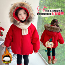 女童韩版连帽大毛领棉衣2025冬装儿童加厚手塞棉外套女宝宝棉服潮