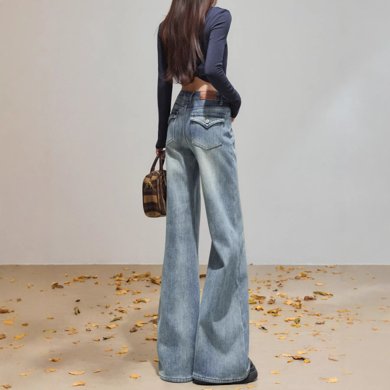 Nostalgic Blue Washed Flared Jeans for Women 2026 New Summer High-Waisted Loose Drapey Bell-Bottom Pants