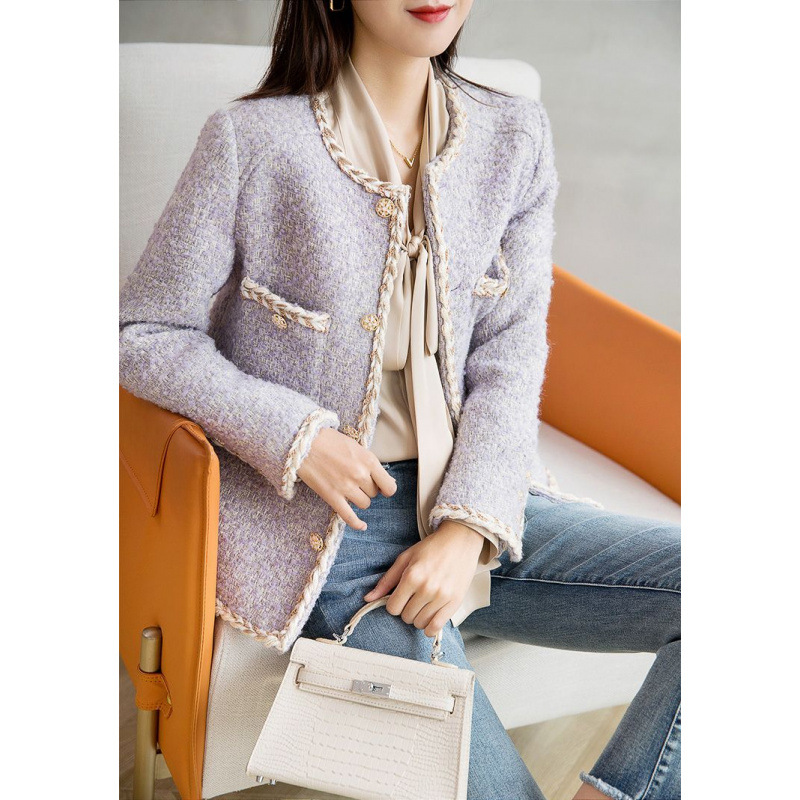 High-End Small Fragrant Lavender Purple Tweed Cardigan Jacket Top for Women 2025 Autumn and Winter Short Style for Small People