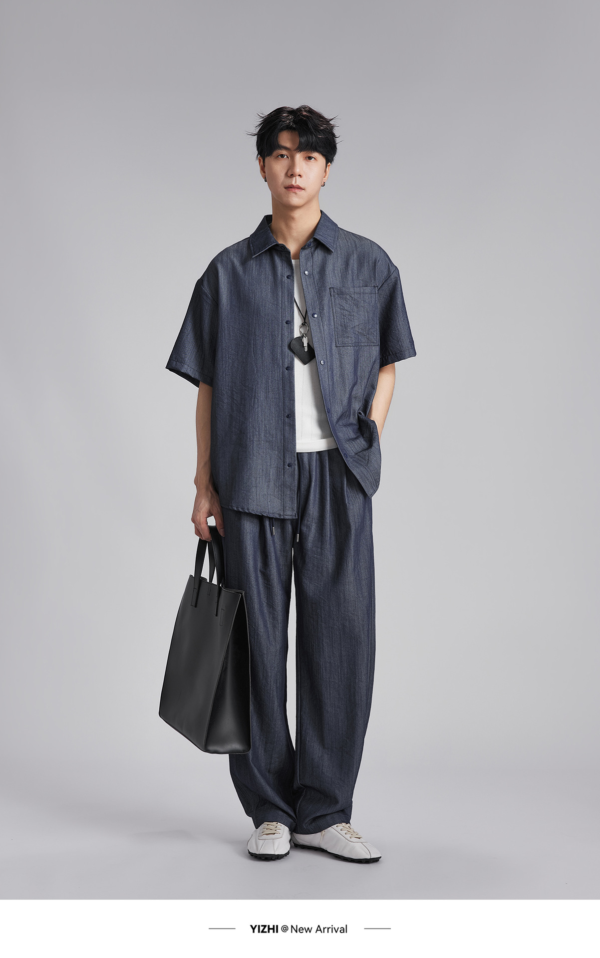 Bộ đồ thể thao nam phong cách denim giả, áo sơ mi dài tay phối quần ống rộng — Tây Tạng màu xanh - quần dài chi tiết 9