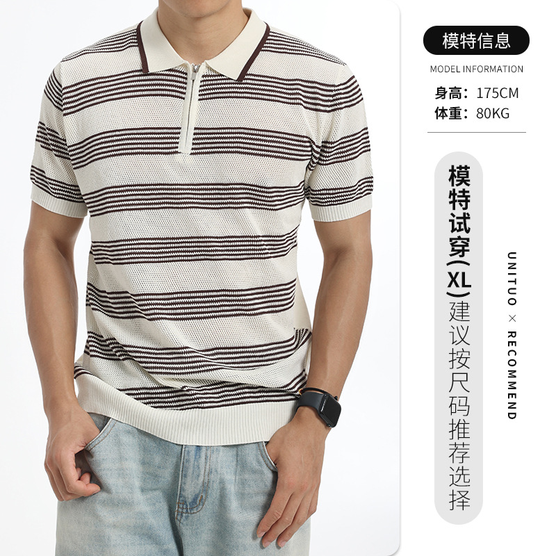 Hombres de alto nivel con cremallera con collar de hielo polo camisa de verano de punto de manga corta de negocios casuales chaqueta a rayas de hombre