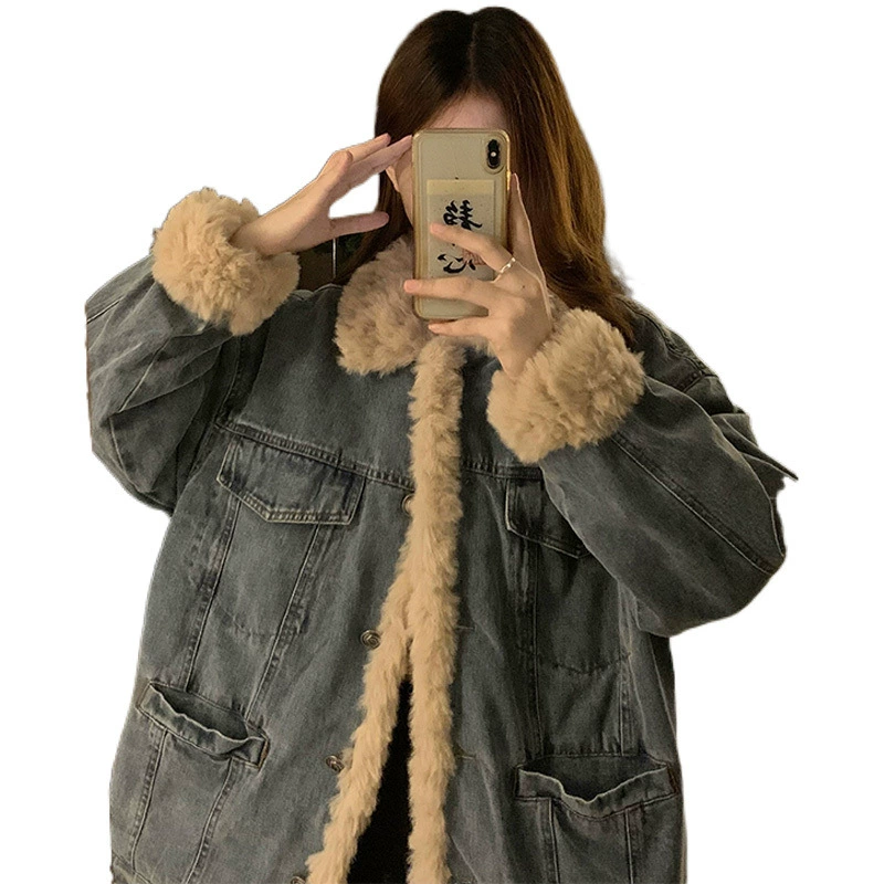 Fleece denim down jacket, oversize, for teenagers, increased thickness