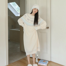 冬季新品 日系甜美蝴蝶结费尔岛半边绒睡裙 保暖软绵绵圆领睡裙女