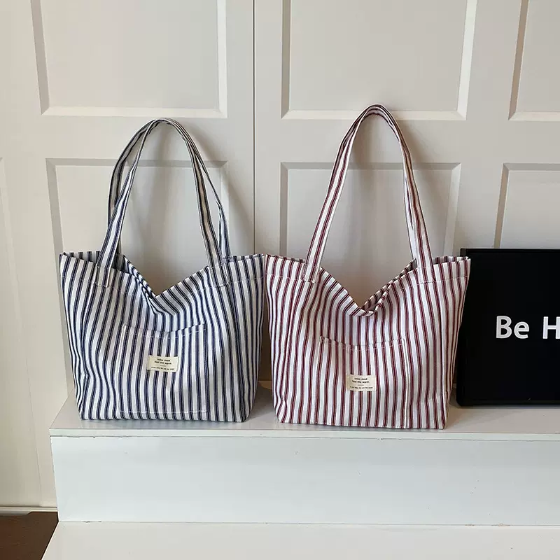 条纹帆布袋韩系慵懒风大容量休闲单肩包购物袋女包通勤百搭托特包