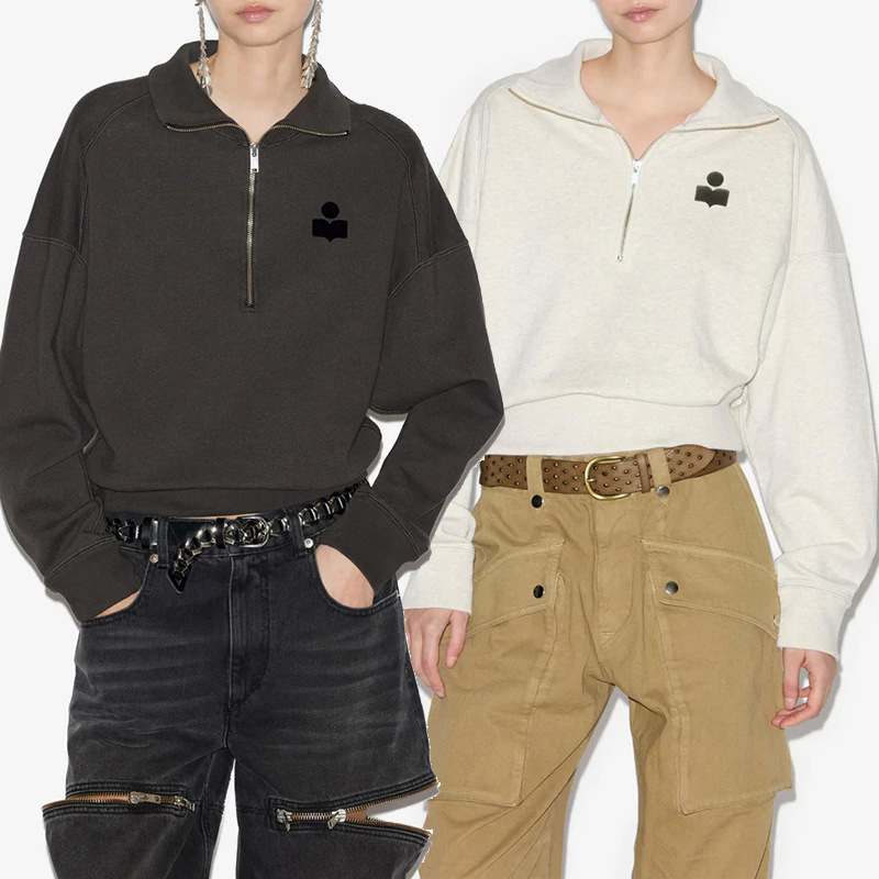 24 New Winter French Niche Is Classic Logo Flocking Half Turtleneck Zipper Chest Loose Fleece Women's Sweatshirt