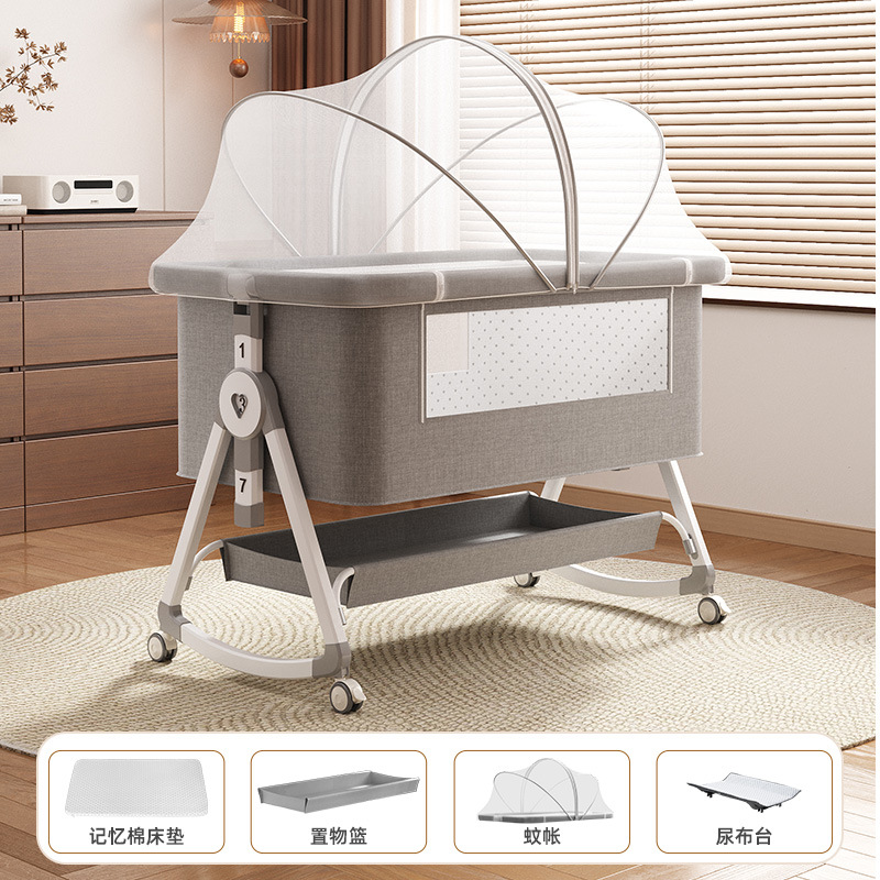 Cama de cuna plegable móvil ajustable de altura, cama de bebé portátil, cama de empalme para bebé multifuncional