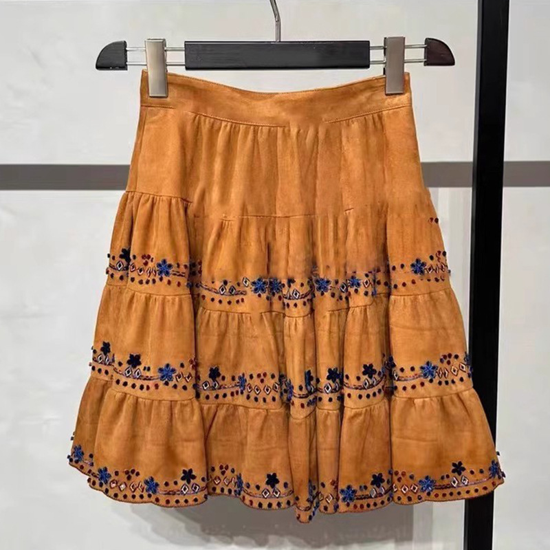 2025 Summer New Niche Brown High Waist Embroidered A- line Short Skirt All-match Casual Skirt for Women