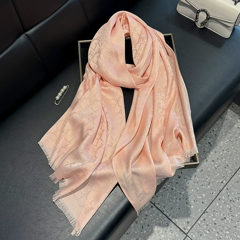 2025 new model emulated silk fashion elegant high-end long silk scarf short beard shawl long scarf Tiansi cotton gold silk scarf