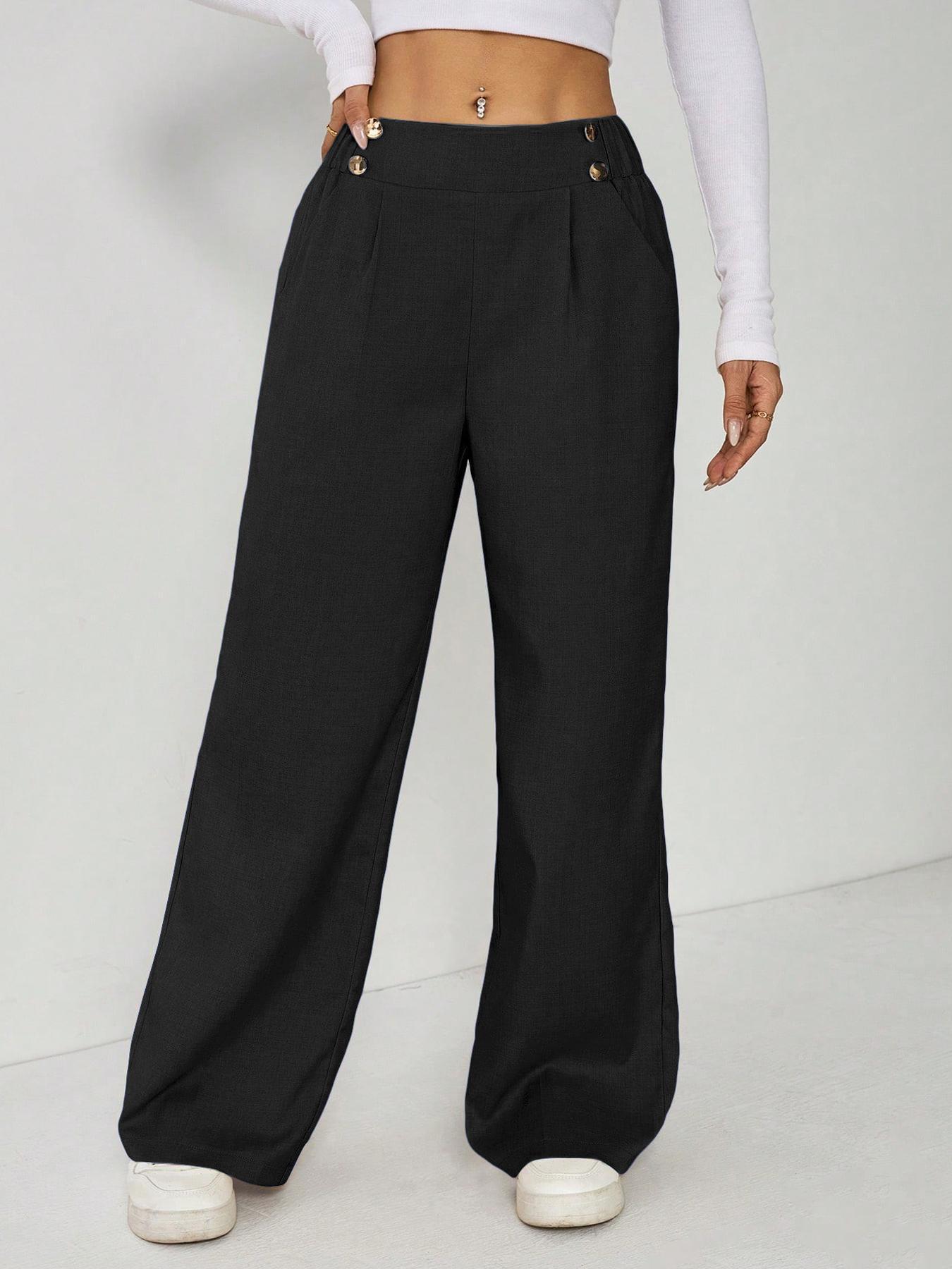 Women's Wide Leg Straight Leg Trousers Casual Fashion European American Style Button Decoration Commuting Pants_ecoleips.com