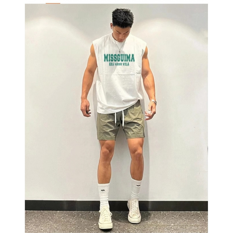 綿メンズノースリーブインナーアメリカンスポーツベストベスト夏薄手ゆったり速乾ラウンドネックTシャツ|undefined