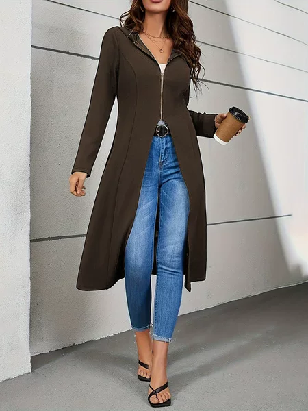 2026 European and American Cross-Border Foreign Trade Amazon Long Zipper Hooded Jacket for Women, Elegant Solid Color Long-Sleeve Cardigan with Hem Opening