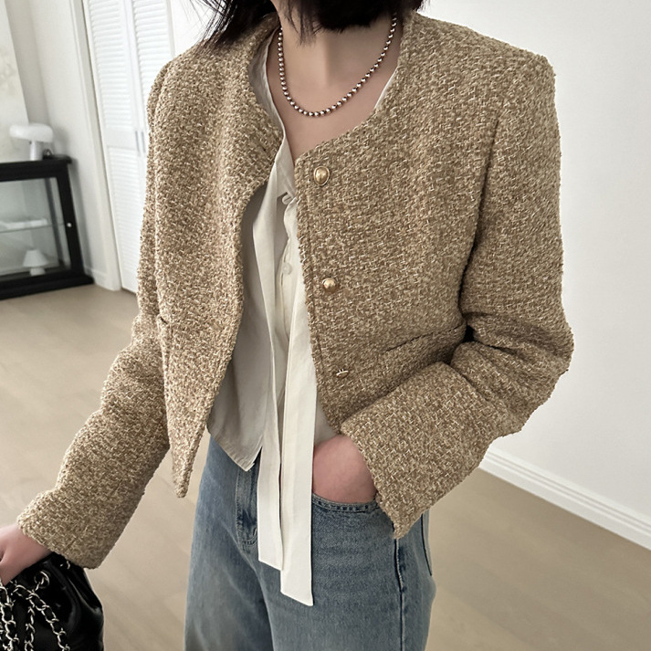 Korean Dongdaemun Women's French Retro Style Round Neck Tweed Long-Sleeve Cardigan Versatile Chanel-Style Short Outerwear