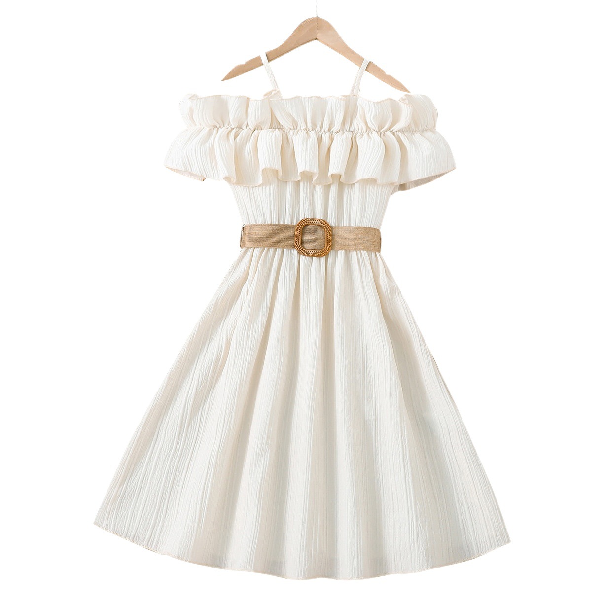 Falda de las niñas 2024 verano Comercio exterior estilo europeo y americano fuera-hombro Correa costura encaje estilo occidental niñas grandes niños vestido