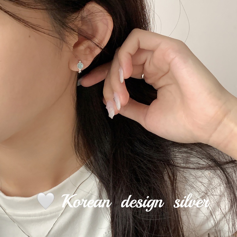 韓國小清新銀飾 S925純銀簡約海藍寶耳扣女 精緻小巧ins風氣質女