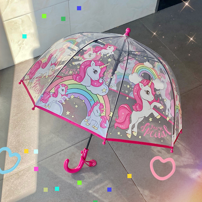 New 3-8 Years Old Children Colorful Unicorn Transparent Umbrella Cute Cartoon Long Handle Thickened Automatic Korean ins Style