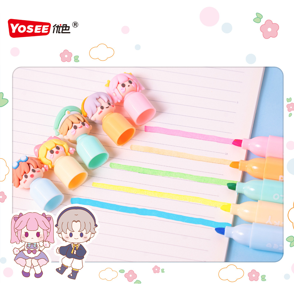 Mini resaltador de dibujos animados de alto valor facial lindo marcador de bolígrafo para estudiantes con bolígrafo de color clave para marcar pincel de pintura