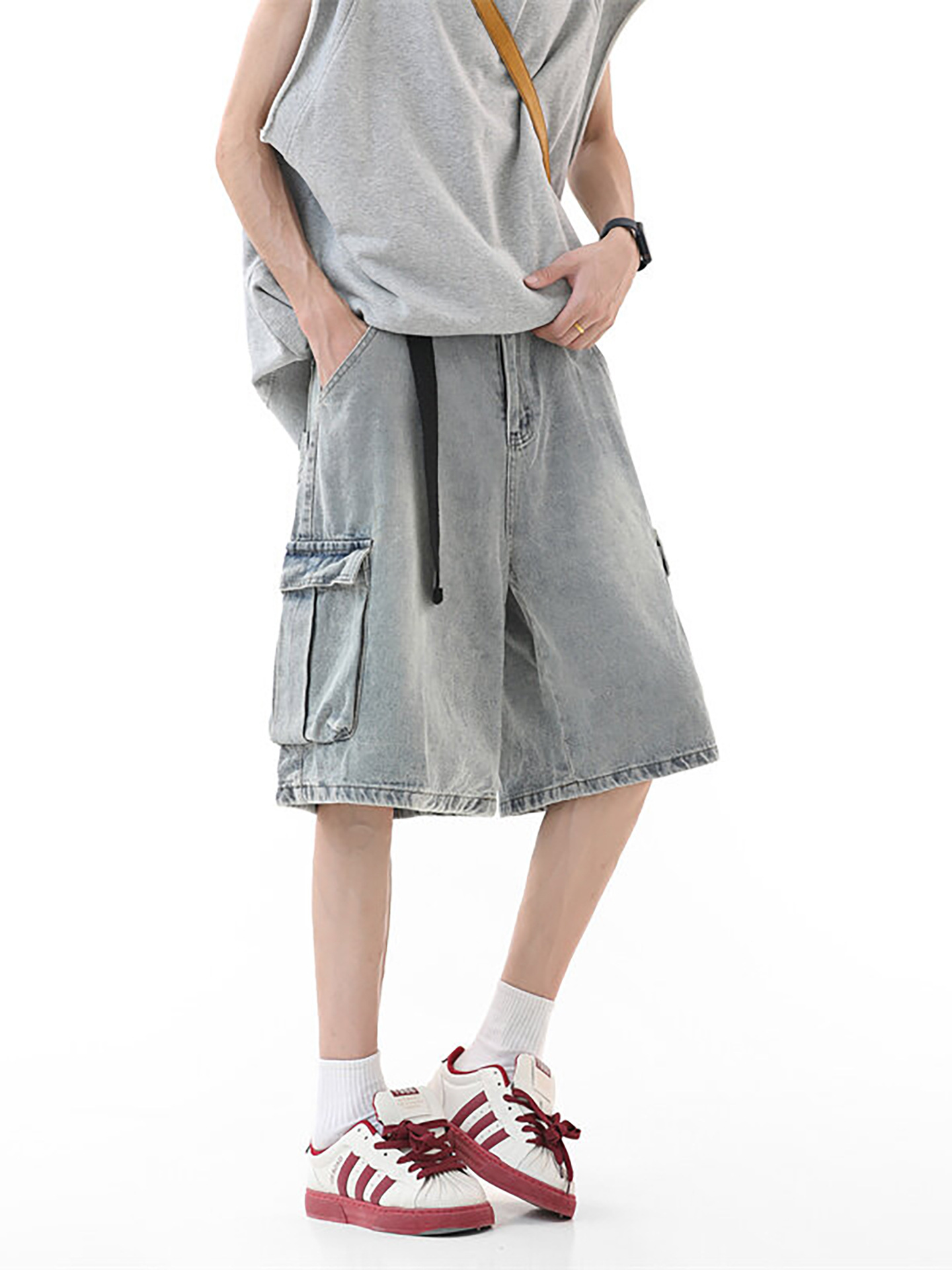 American Multi-Pocket Workwear Denim Shorts for Men 2025 Couple Summer Loose Retro Straight Wide-Leg Five-Point Pants