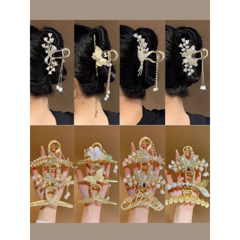 New Style Hair Clip for Women with Tassels, Metal Flowers, Geometric Pearls, Rhinestones, and a Shark Clip for Updos