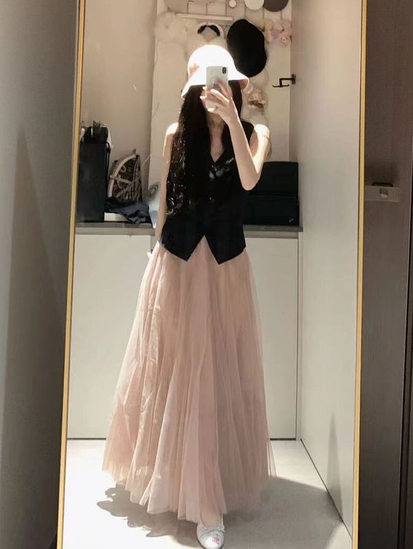 2025新款春秋粉色字纱裙高腰中长款网纱半身裙女超仙伞裙垂感|undefined