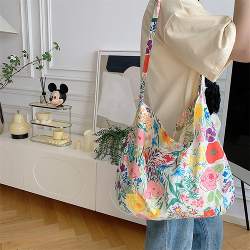 13165 Korean ins small fresh floral cotton bag student retro canvas shoulder bag fashionable women's crossbody bag
