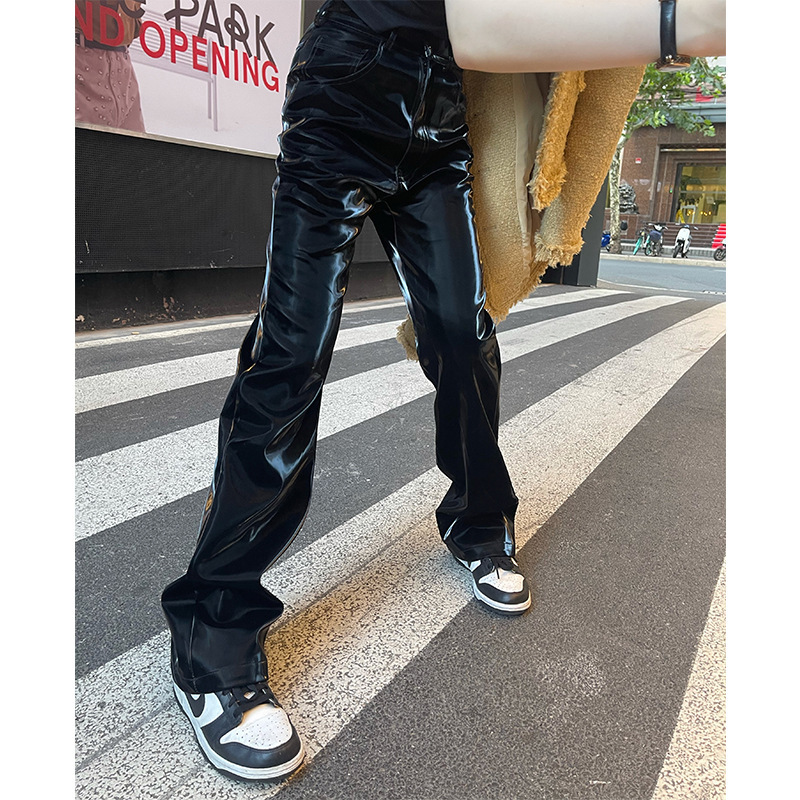 European and American Popular Liquid Leather Pants, Sky Realm Black Leather Pants, Women's High-Waisted Slimming Straight Leather Pants
