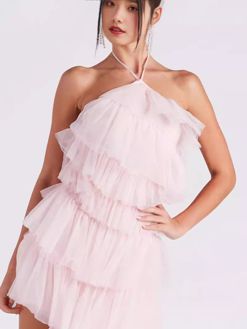 Ventas transfronterizas calientes nuevas mujeres europeas y americanas fiesta sexy vestido multicapa vestido colgante rosa vestido largo