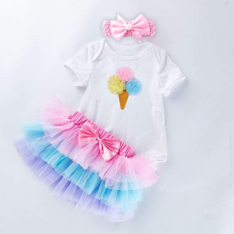 Venta directa de fábrica: Conjunto de vestido para el primer cumpleaños de bebé niña, pelele de manga corta, falda de seis capas, accesorio para el cabello, conjunto de fiesta de 3 piezas.