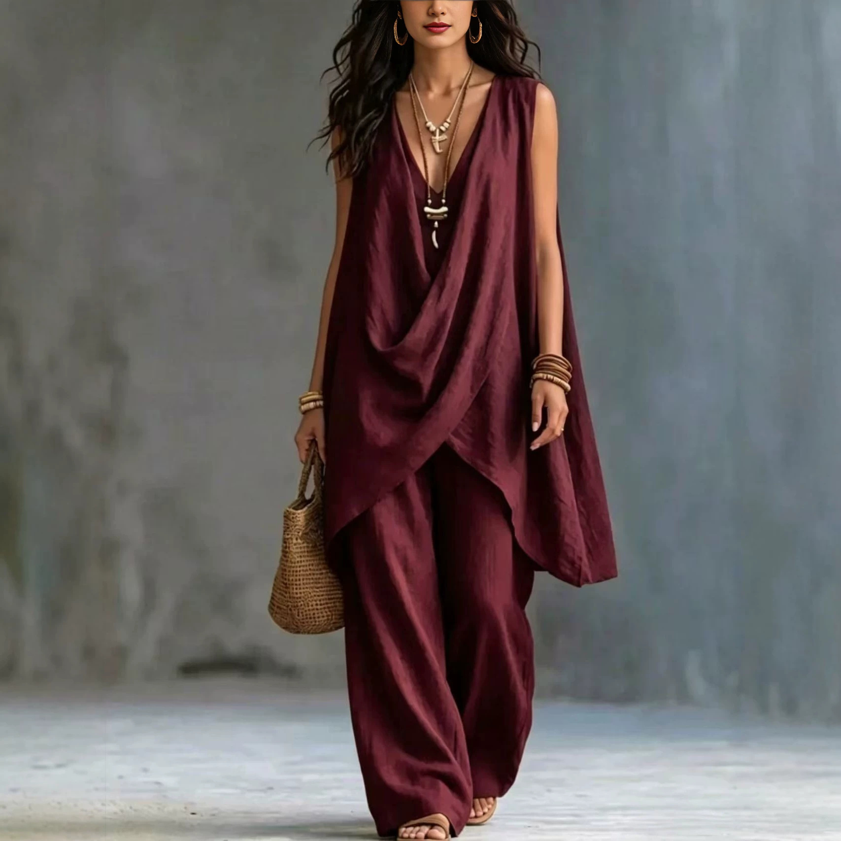 Women's Sleeveless Stand Collar Solid Color Cotton Linen Suit Elegant Loose Resort Style Spring Summer_ecoleips.com