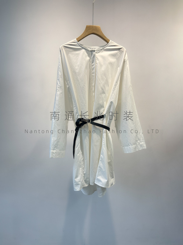 重工JI简风~MC白色衬衫连衣裙/棉质纸感/宽松廓形卷袖设计＋腰带|undefined